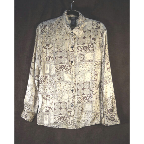 Vintage Studio 3000 Y2K 100% Silk Satin Allover Print Button Up Shirt Long SzL - Picture 1 of 8